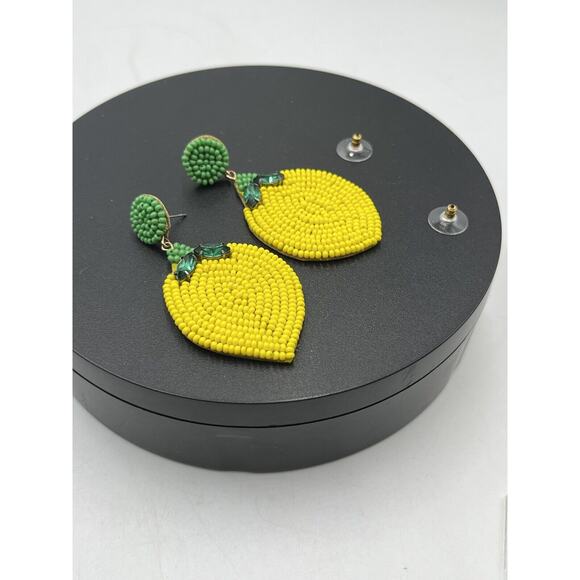 Lemon Hand Made Yellow Green Seed Beads Dangle Pierced Green Rhinestone Earrings - Picture 8 of 9